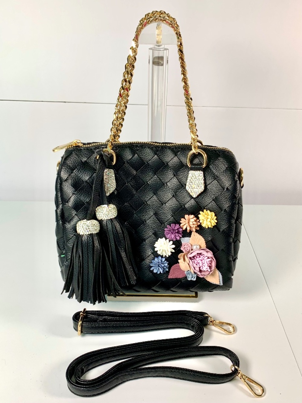 Bling 3D floral rhinestone bag black/pink woven satchel crossbody gold-tone